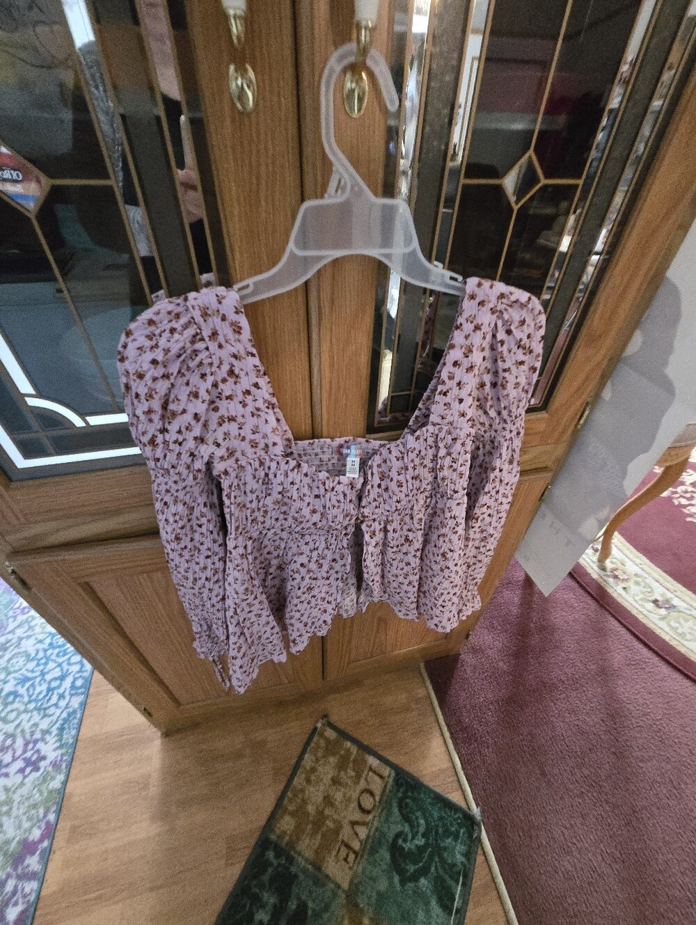 Floral Square-Neck Long Sleeve Crop Top - Pink Urban Outfitters